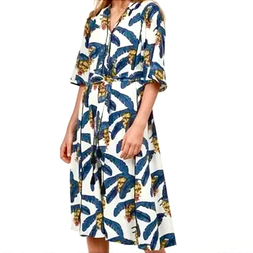Desmond & Dempsey H&M Tropical White Blue Banana Leaf Dress Women’s Size M NWOT - Picture 2 of 12